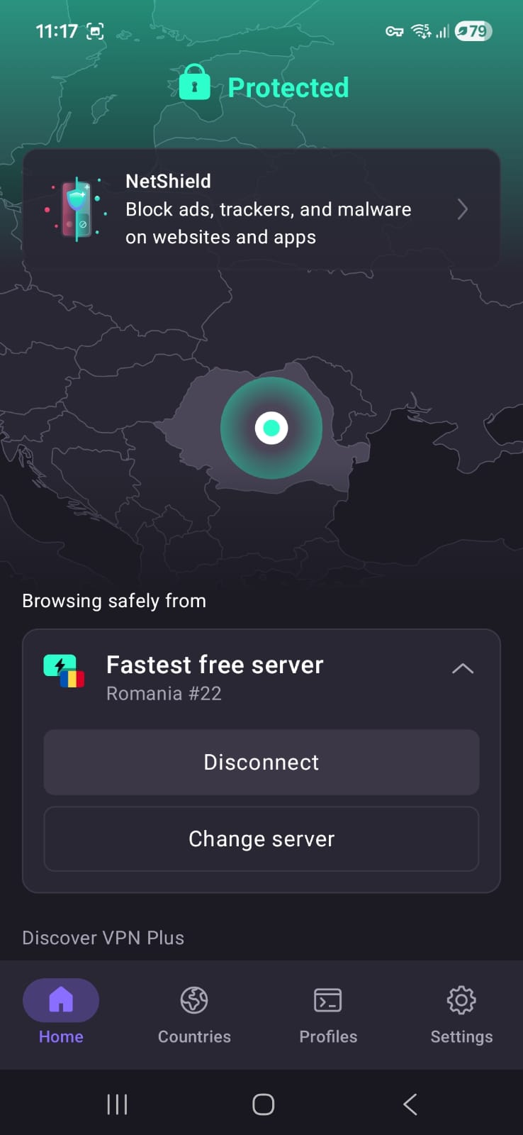 Screenshot of Proton VPN Free Android app home page in April 2026, showing connected to Romania server