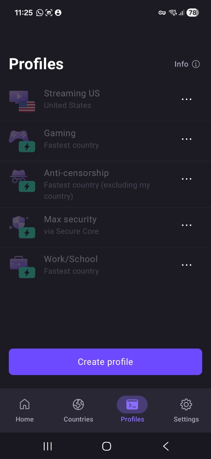 Screenshot of Proton VPN Free Android app profiles page in April 2026, showing all the profiles are locked under the paid version