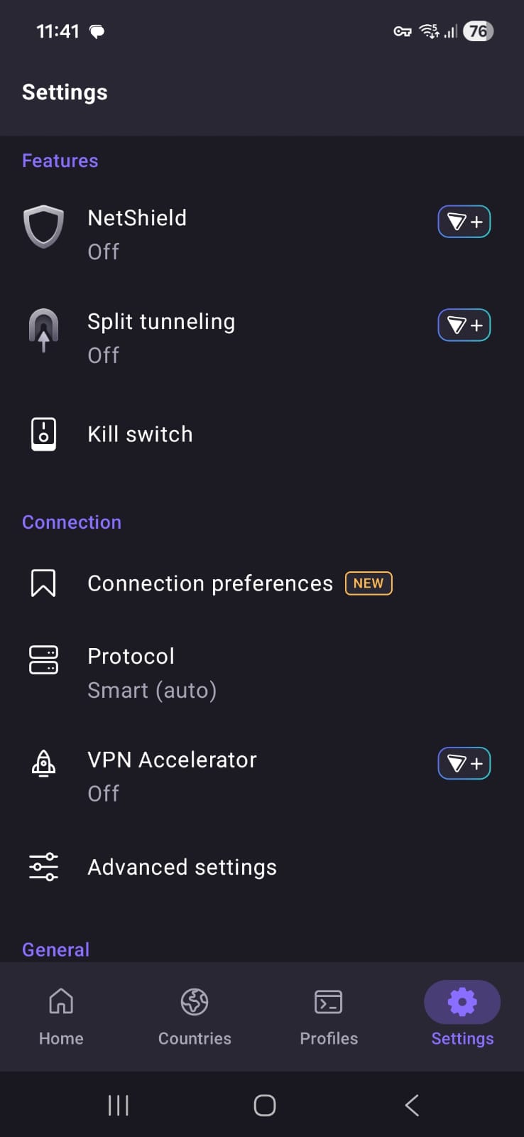 Screenshot of Proton VPN Free Android app settings page in April 2026, with visible toggles for free features and grayed‑out options reserved for paid users