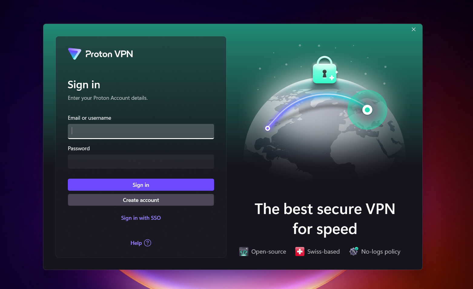 Sign-up screen with email and password fields for creating a Proton VPN account.