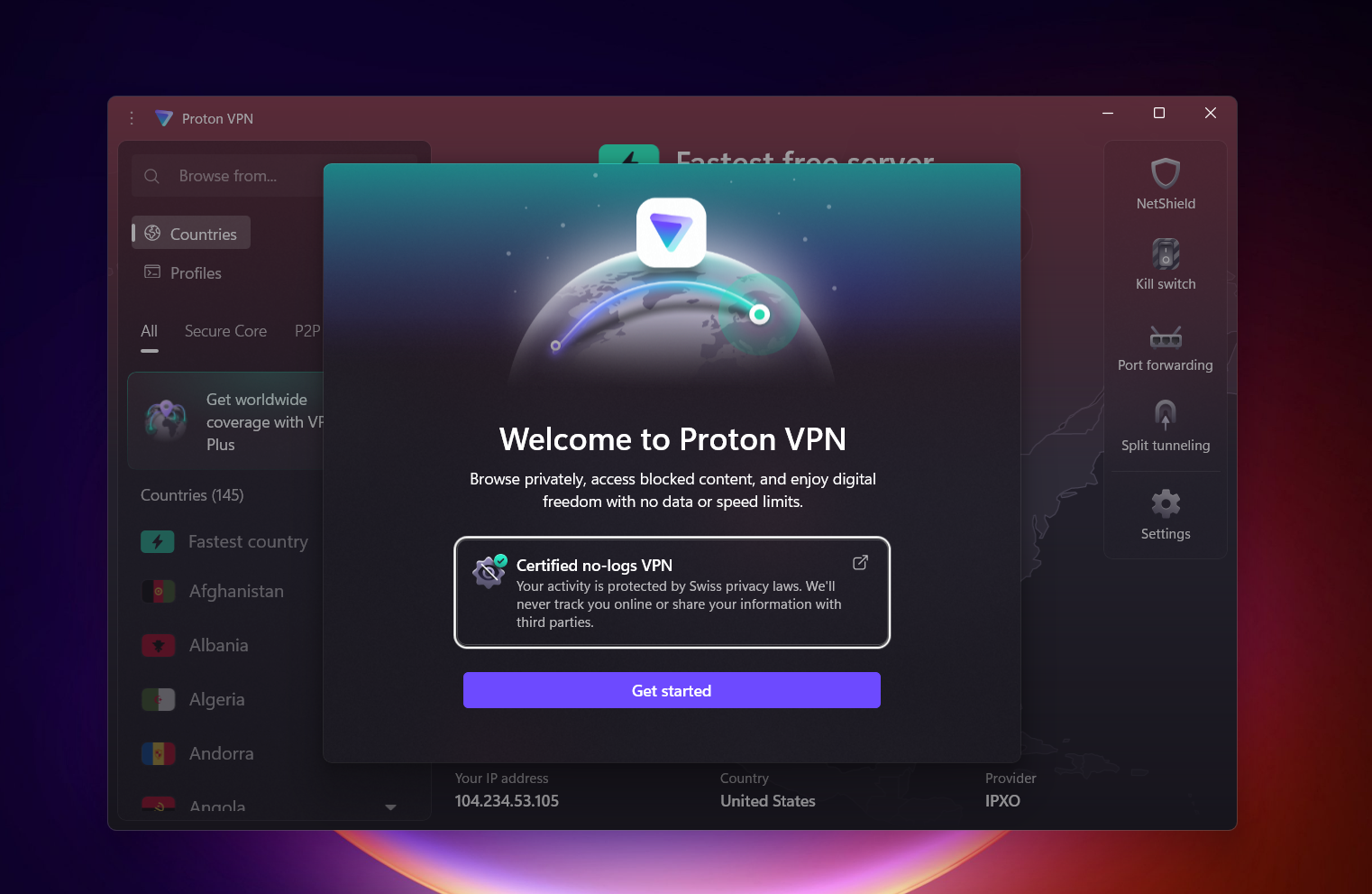 Welcome page of Proton VPN setup with messaging about privacy and no-logs policy.
