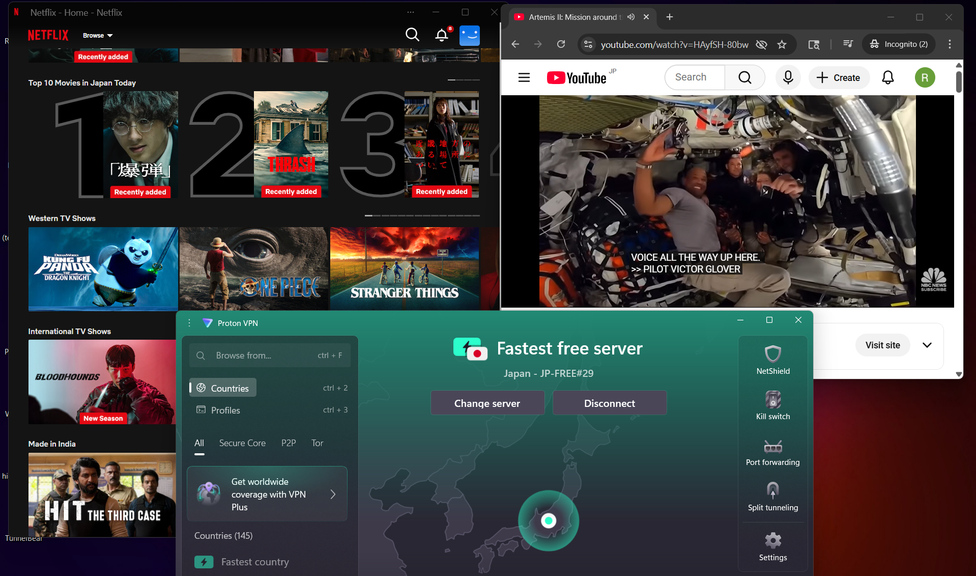 Screenshot of Proton VPN free Windows app connected to a Japan server, highlighting stable streaming performance for Netflix and YouTube.