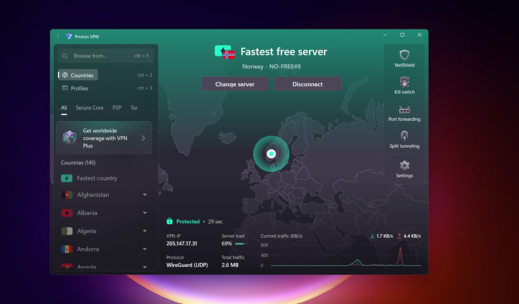 Proton VPN Free Windows home interface connected to a Norway server.