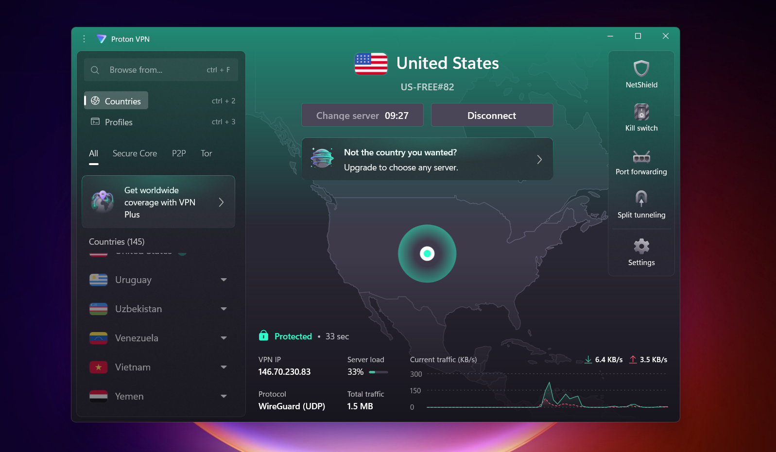 Proton VPN free Windows dashboard connected to a US server, indicating connection status and highlighting long connection duration.