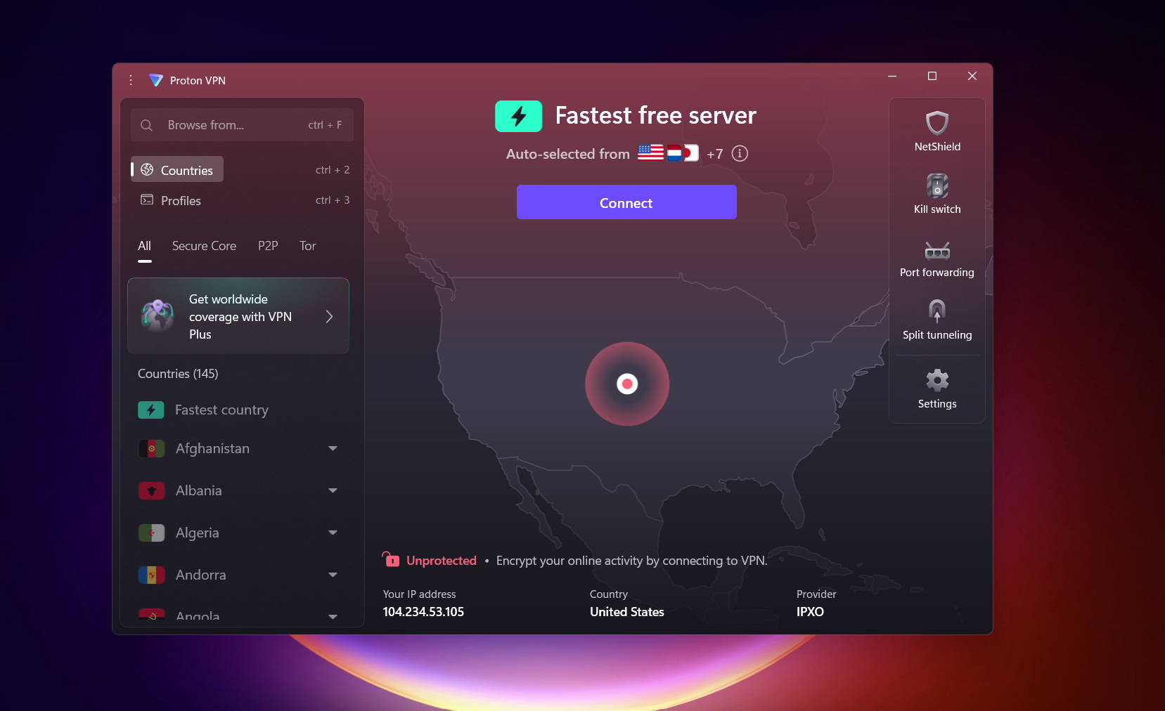 Proton VPN Free Version Windows dashboard highlighting server selection, IP display, and quick connect functionality.