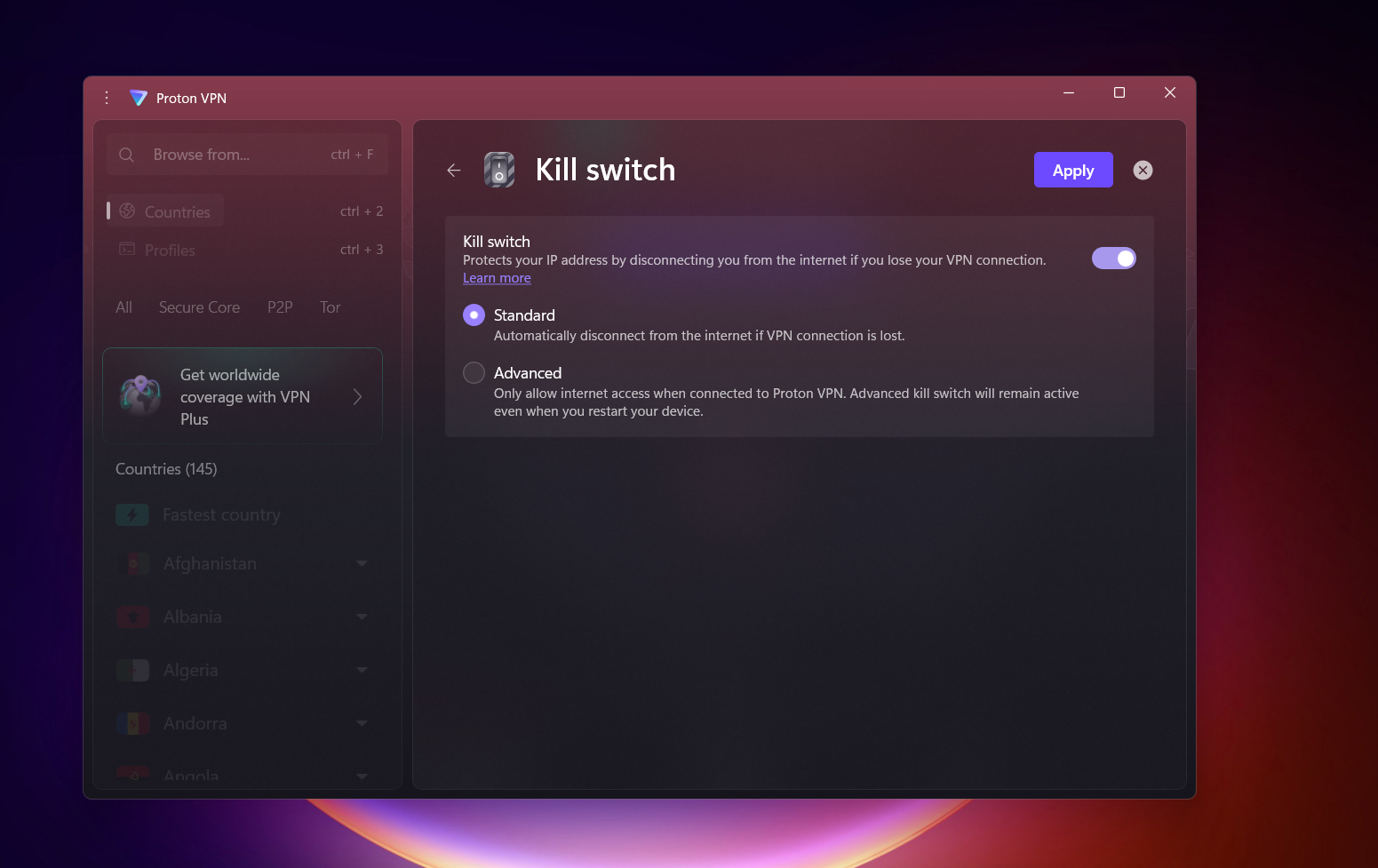 Proton VPN free version Windows settings panel showing kill switch options in Proton VPN, including standard and advanced configurations.