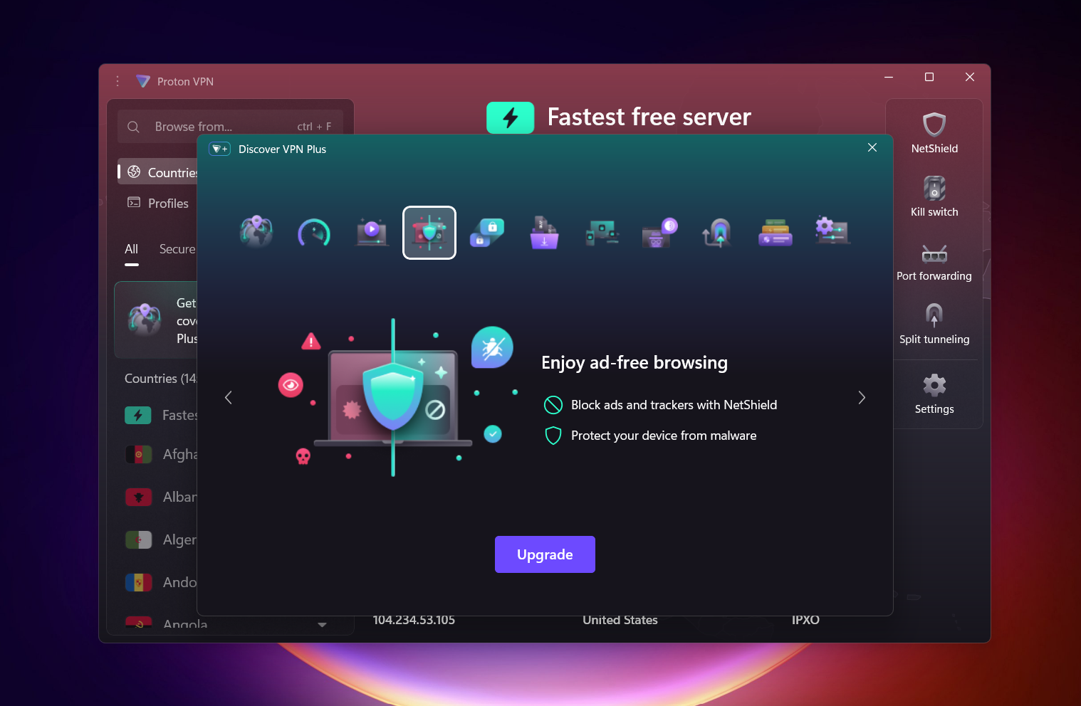 Proton VPN free version Windows interface showing NetShield ad-blocking and malware protection feature locked behind a paid upgrade.