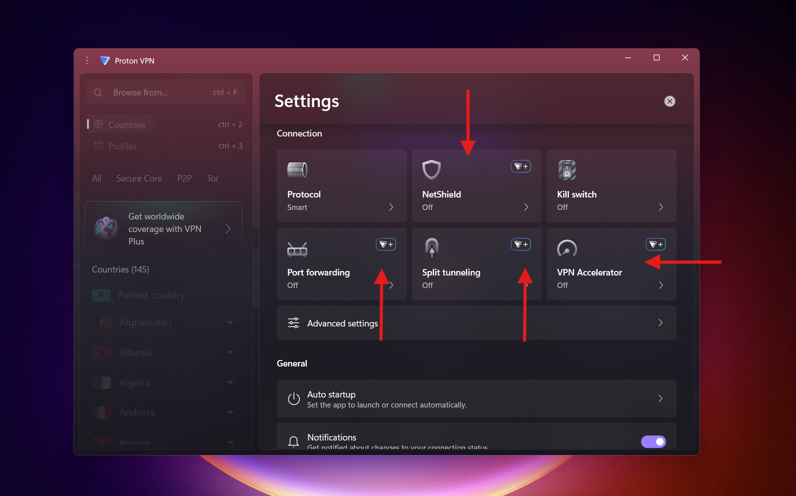 Settings/services screen of Proton VPN free version Windows interface with arrows pointing to premium-only features requiring a paid upgrade.