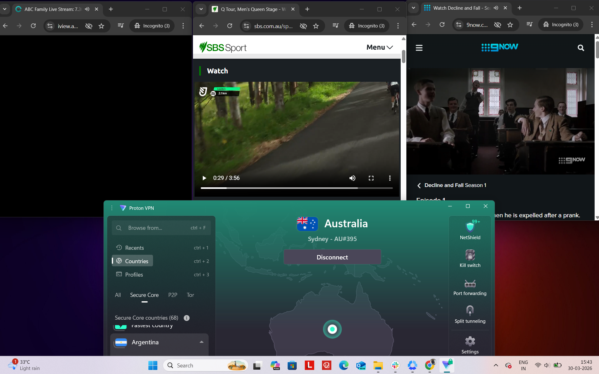 Proton VPN connected on Windows to Sydney server while accessing ABC iView, 9Now, and SBS simultaneously in a browser