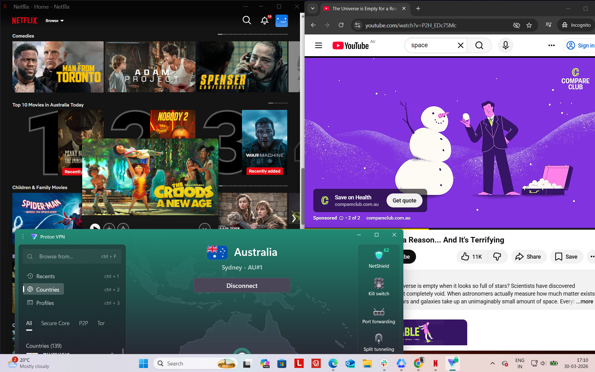 Proton VPN connected on Windows to Sydney server while accessing Netflix AU and YouTube simultaneously in a browser