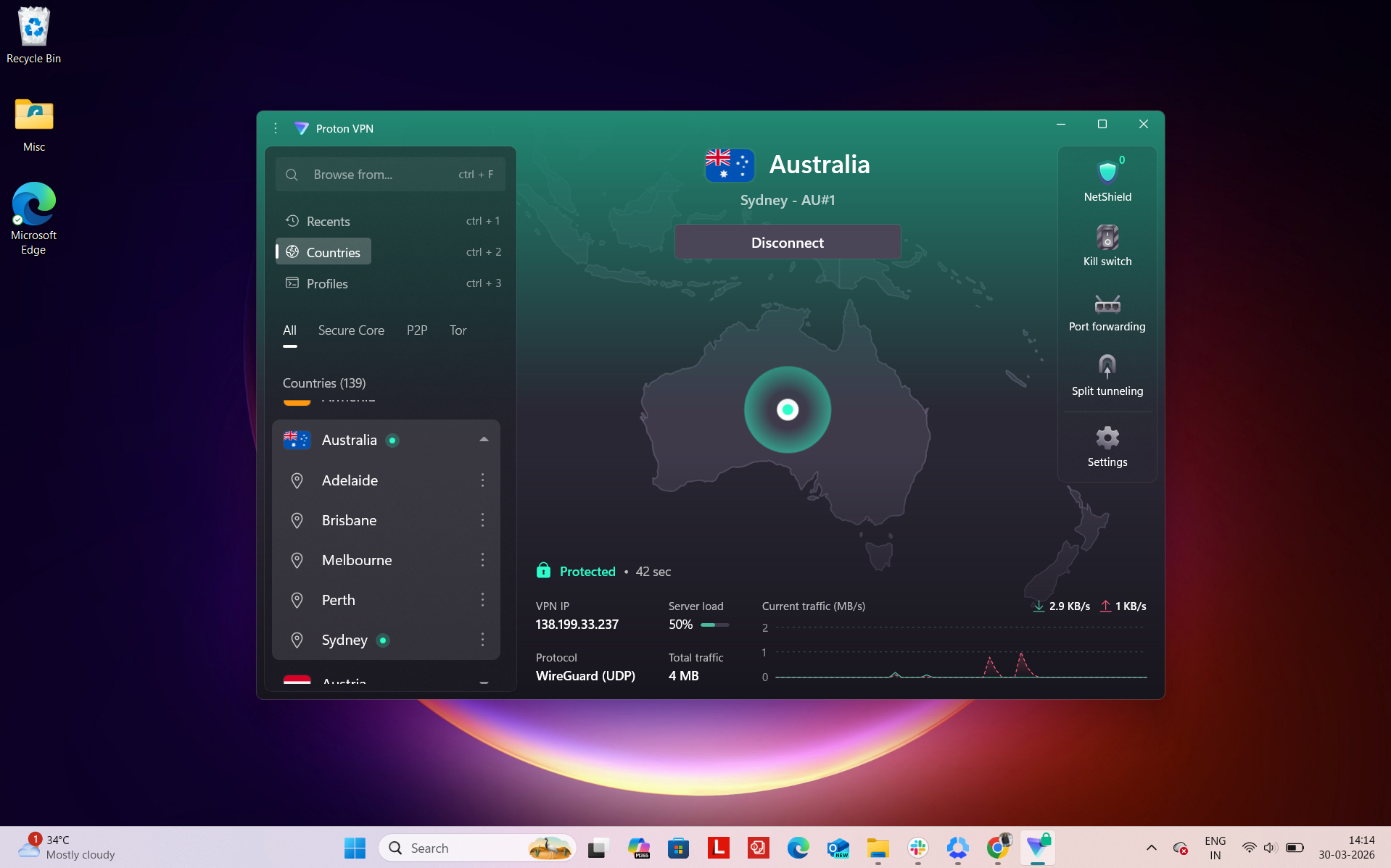 Proton VPN Windows app interface showing server selection with Sydney location and list of available Australian servers