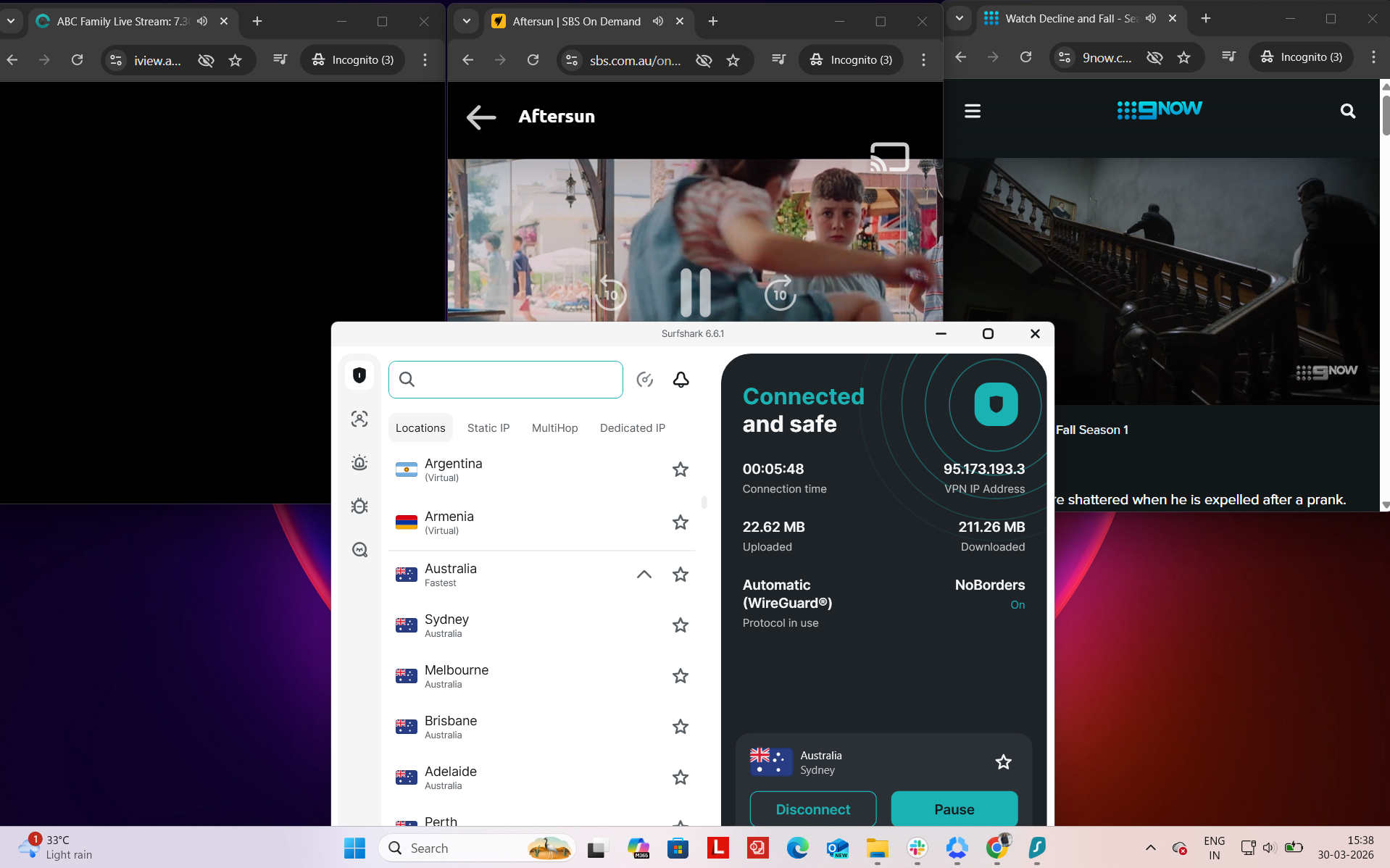 Surfshark VPN connected on Windows to Sydney server while accessing ABC iView, 9Now, and SBS simultaneously in a browser