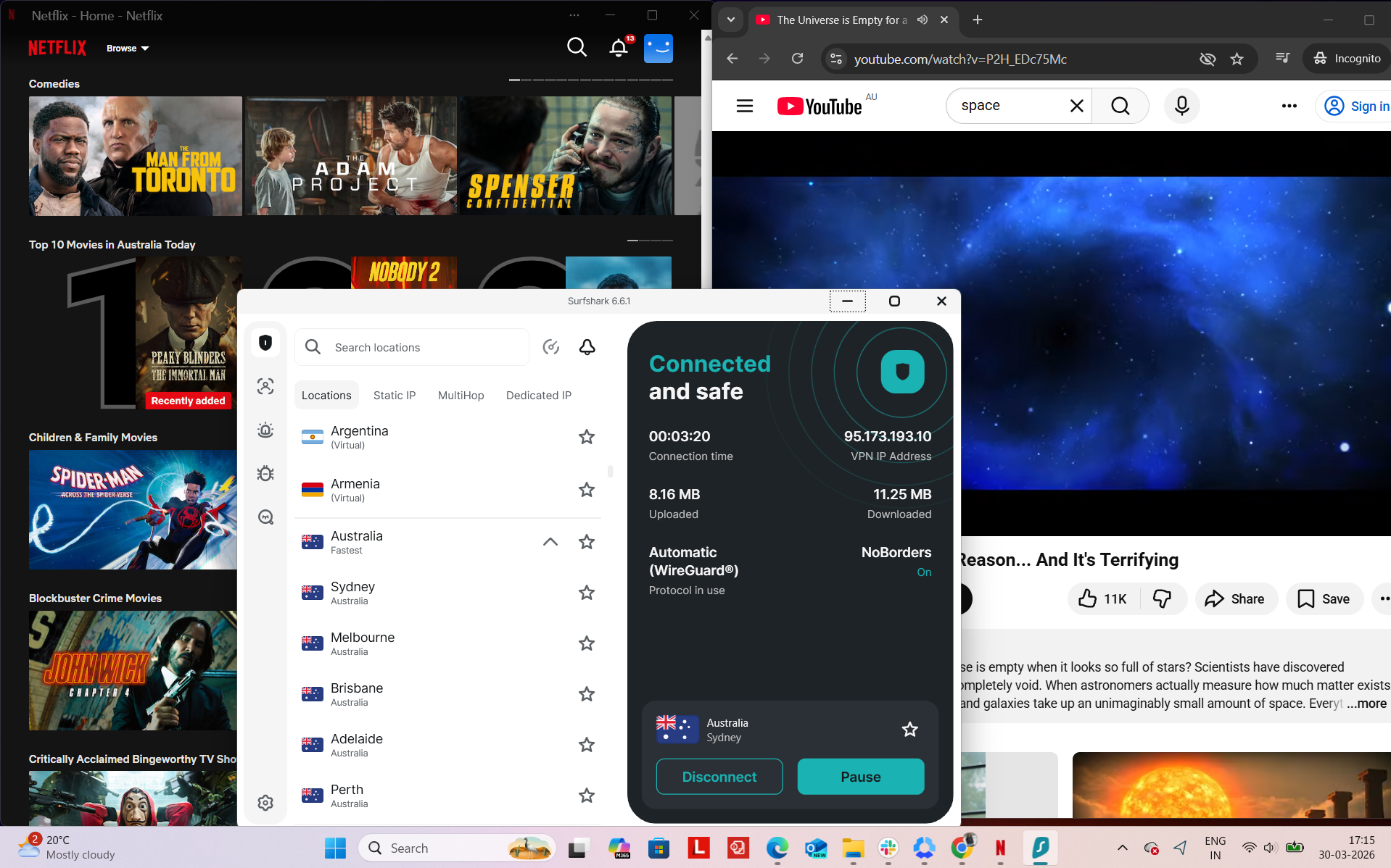 Surfshark VPN connected on Windows to Sydney server while accessing Netflix AU and YouTube simultaneously in a browser