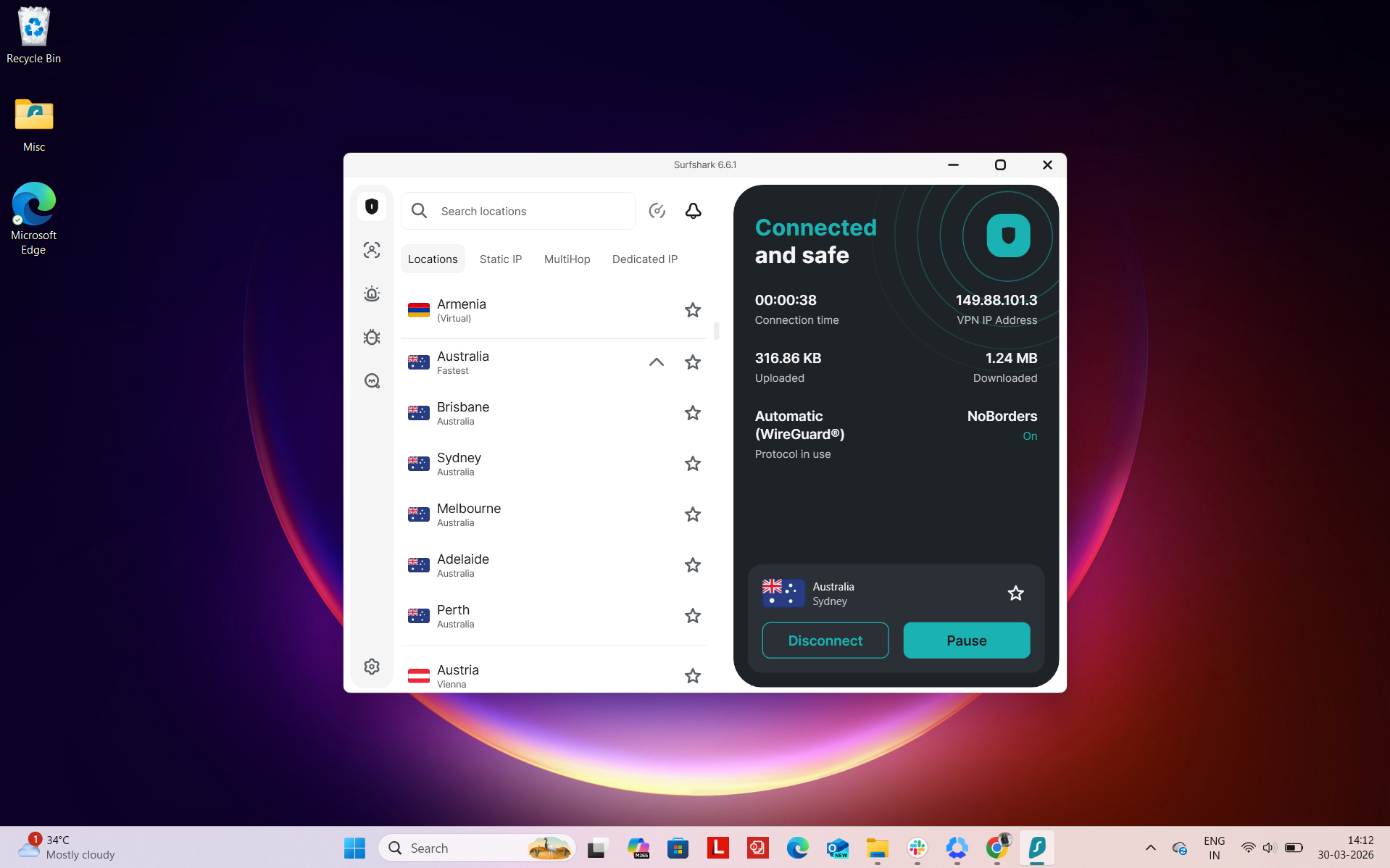 Surfshark VPN Windows app interface showing server selection with Sydney location and list of available Australian servers