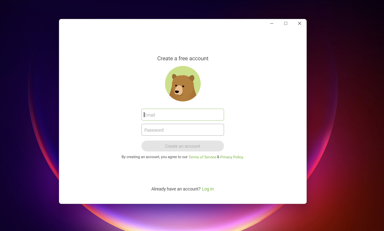 Screenshot of TunnelBear Windows free version account creation interface with bear icon, input fields for email and password, create account button, terms of service notice, and login option