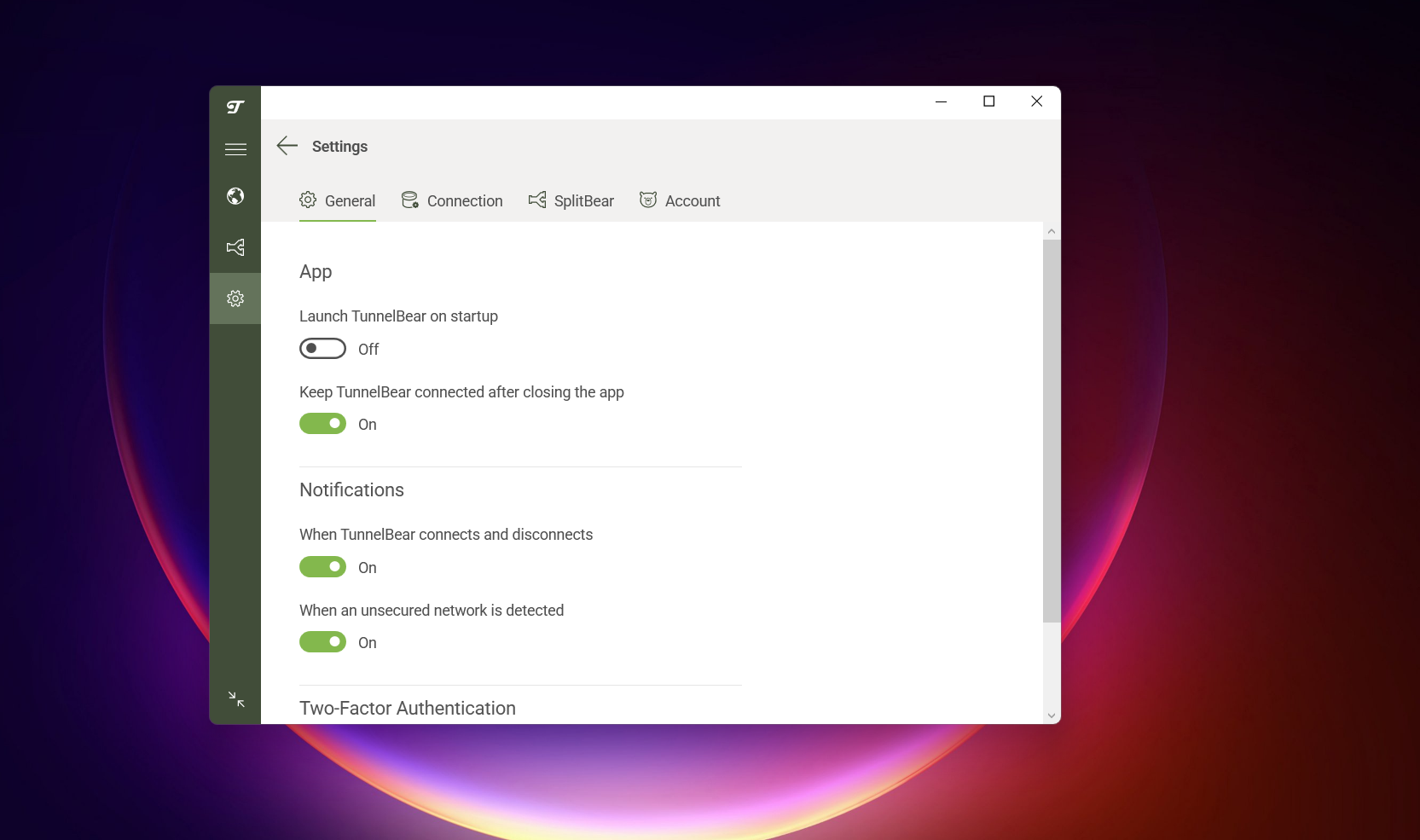 Screenshot of TunnelBear Windows free version settings under “General,” with toggles for launch on startup, keep connected after closing, notifications for connect/disconnect, unsecured network alerts, and two‑factor authentication