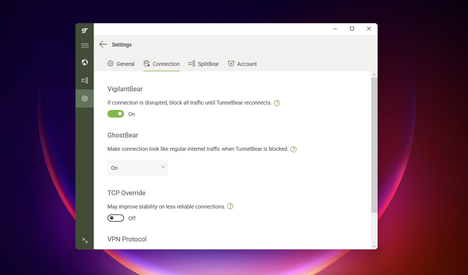 Screenshot of TunnelBear Windows free version settings under “Connection,” showing VigilantBear enabled, GhostBear active, TCP override off, and VPN protocol section