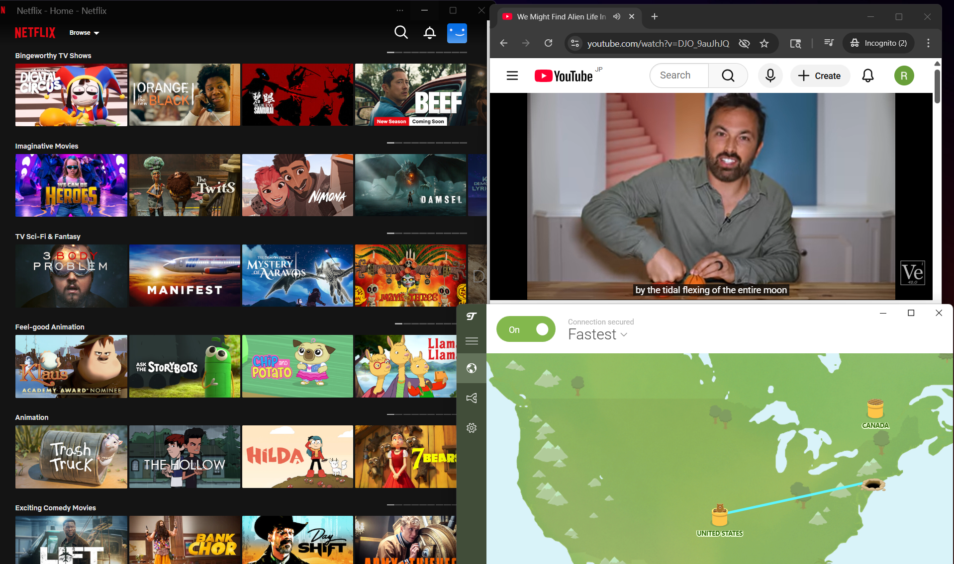 Screenshot of TunnelBear VPN free Windows app connected to a US server, highlighting stable streaming performance for Netflix and YouTube