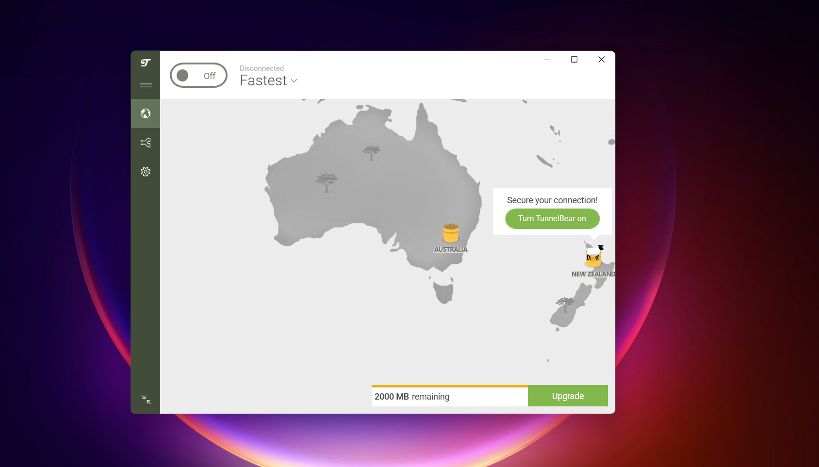 Screenshot of TunnelBear Windows free version interface map highlighting Australia and New Zealand, VPN toggle set to off, disconnected status, fastest server option, secure connection prompt, 2000 MB remaining, and upgrade button