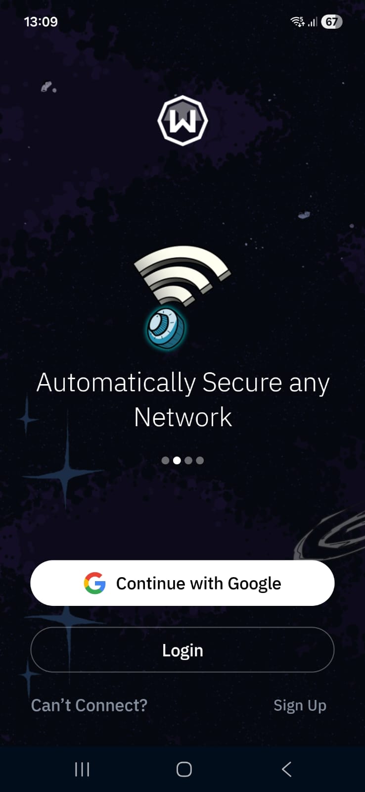 Windscribe login screen with dark background, logo, and options for Google sign‑in, login, or sign‑up