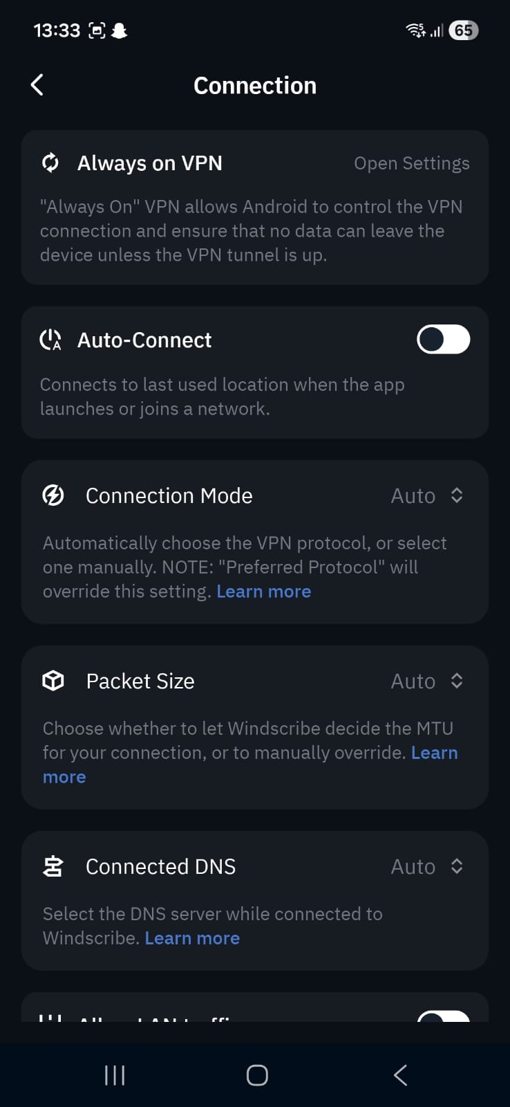 Windscribe connection settings showing Always On VPN, auto‑connect, protocol mode, packet size, and DNS options