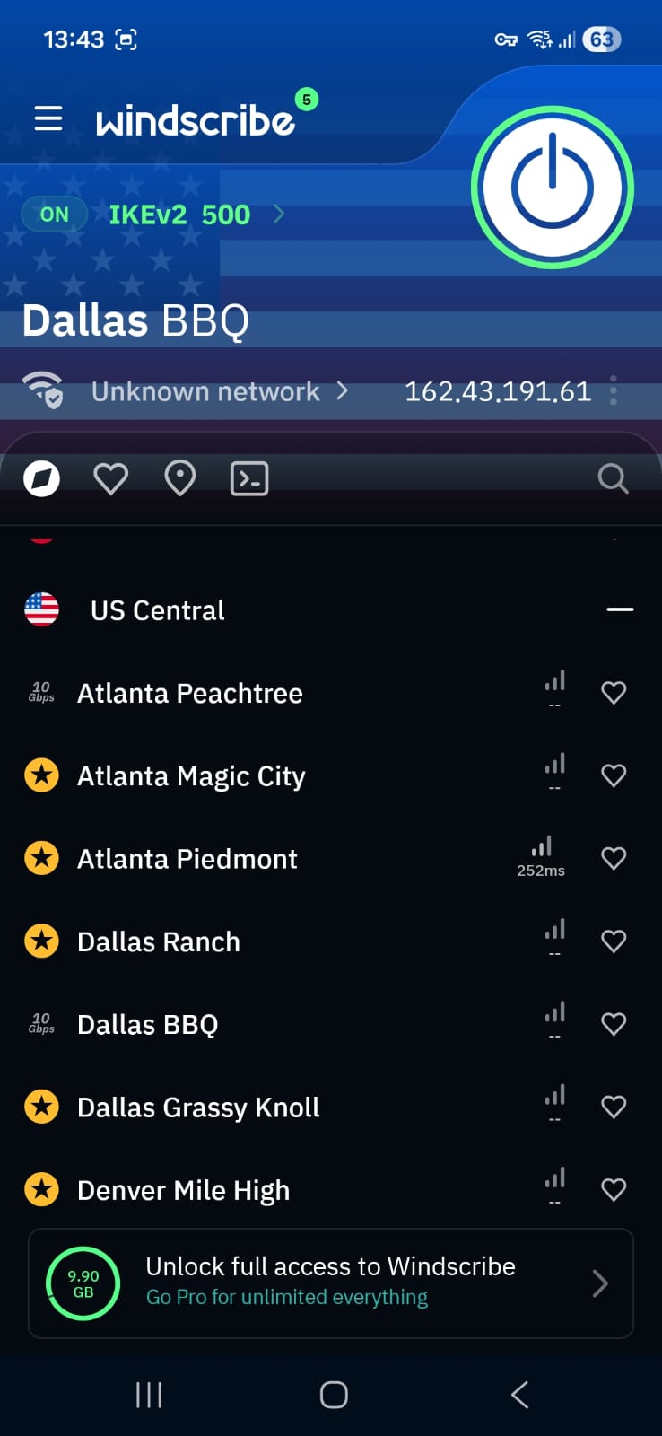 Windscribe VPN app connected to Dallas BBQ server, showing active IKEv2 connection, IP address, and US Central server list