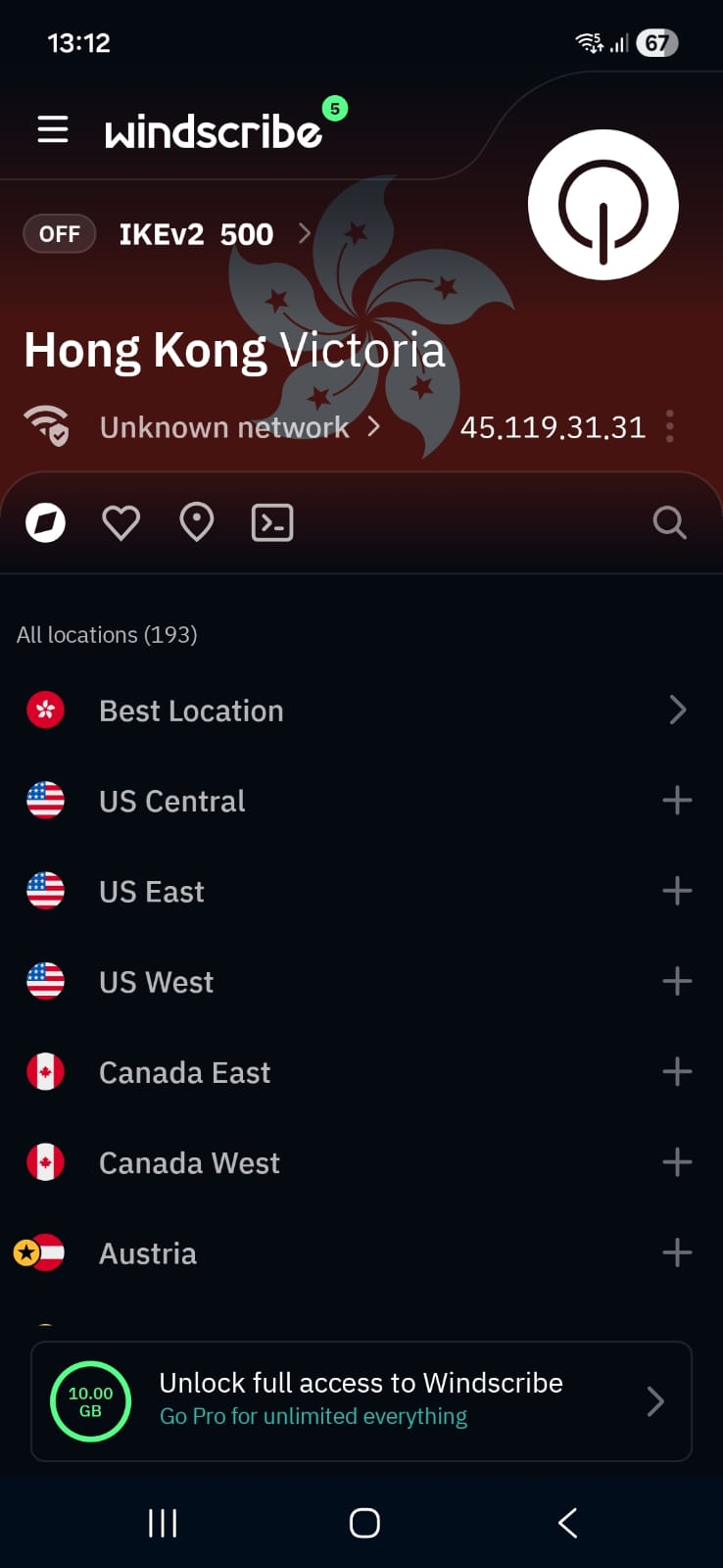 Windscribe app with VPN off, server set to Hong Kong Victoria, and regional server list below