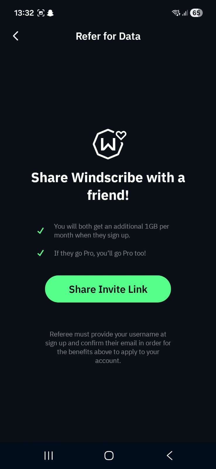 Windscribe referral promotion offering 1GB monthly bonus and Pro upgrade benefits