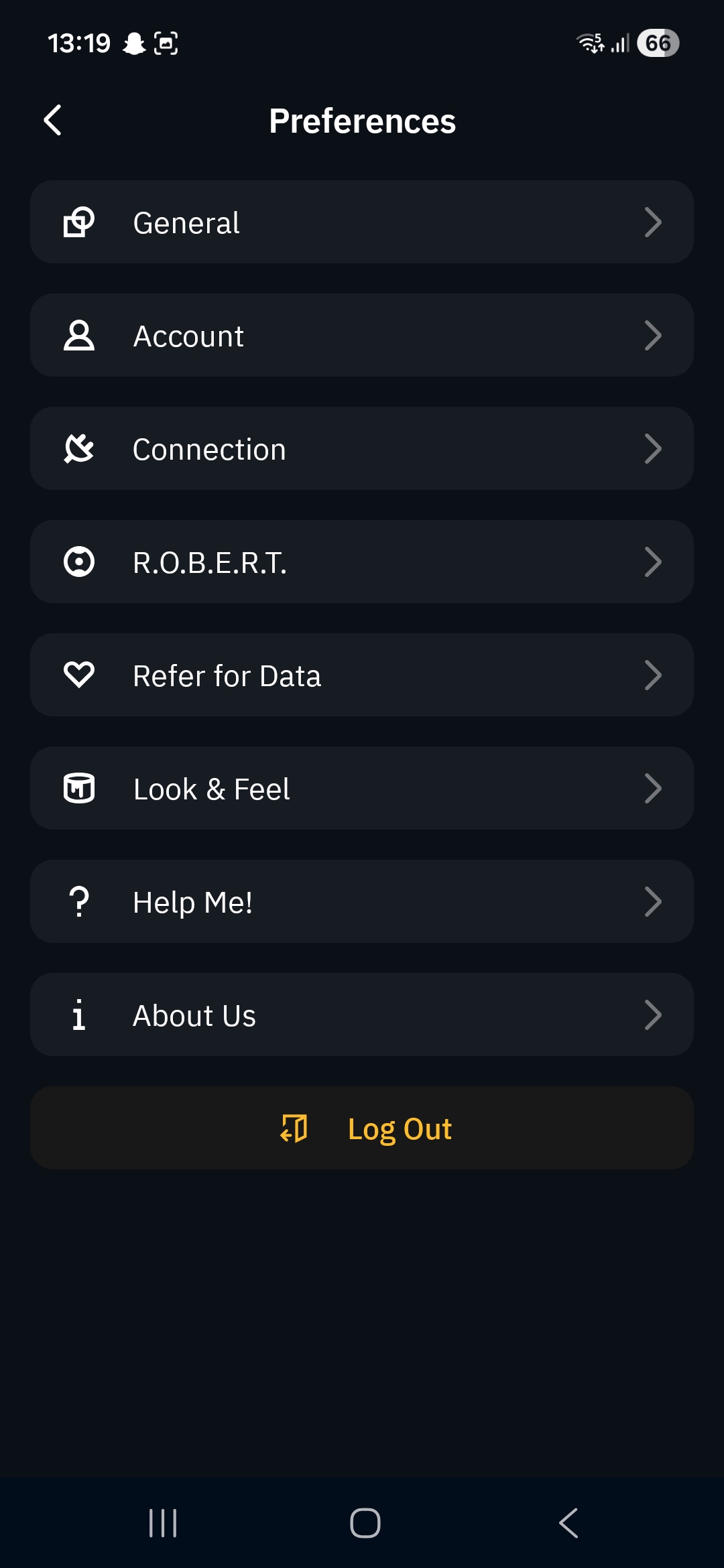 Windscribe preferences menu with options for general, account, connection, R.O.B.E.R.T., and logout