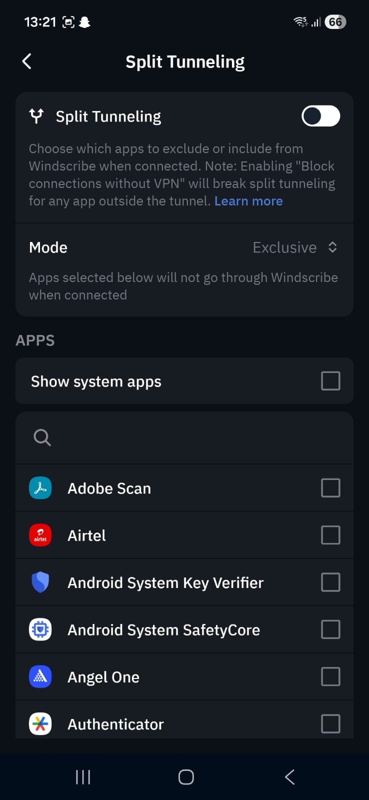 Windscribe split tunneling settings with exclusive mode and app list including Adobe Scan and Airtel