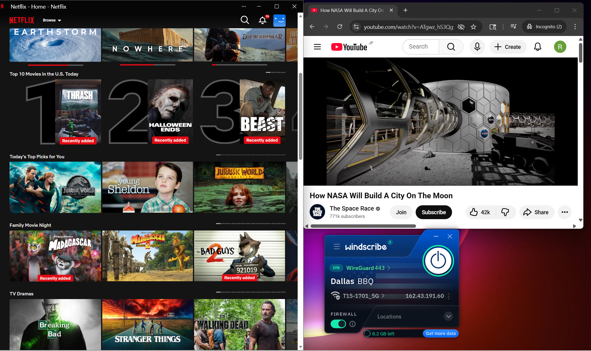 Screenshot of Windscribe VPN free Windows app connected to a US server, highlighting stable streaming performance for Netflix and YouTube
