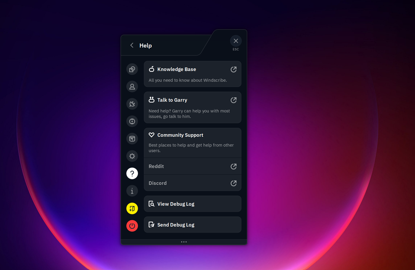 Interface showing help and support options within the Windscribe VPN Windows app