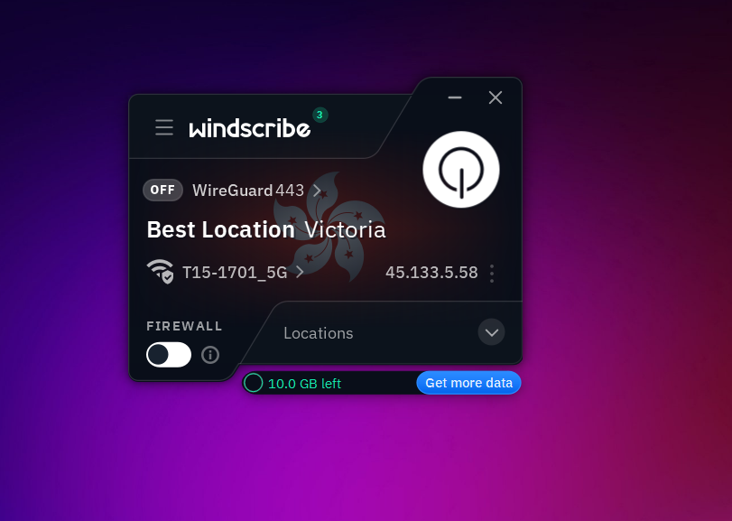 Windscribe VPN Free Windows Version Main dashboard displaying connection to best location with WireGuard protocol enabled