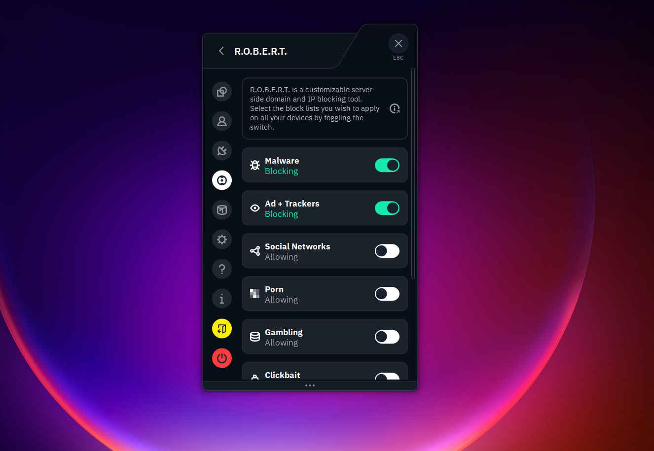 Windscribe VPN Free Windows version interface showing R.O.B.E.R.T. feature settings for blocking ads, malware, and trackers