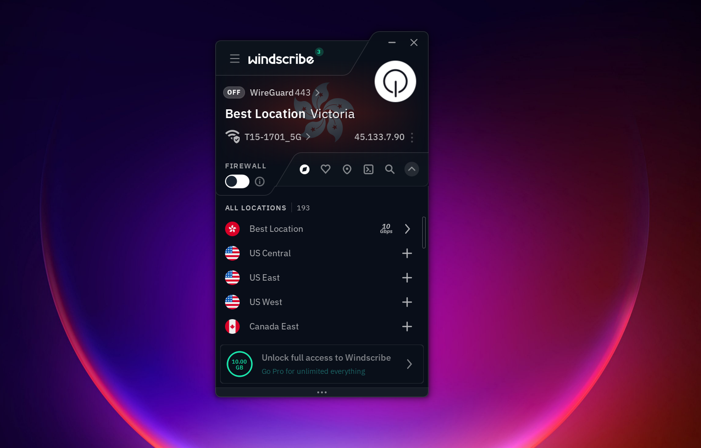 Screenshot of Windscribe VPN Free Windows Version showing the list of available server locations in the app interface