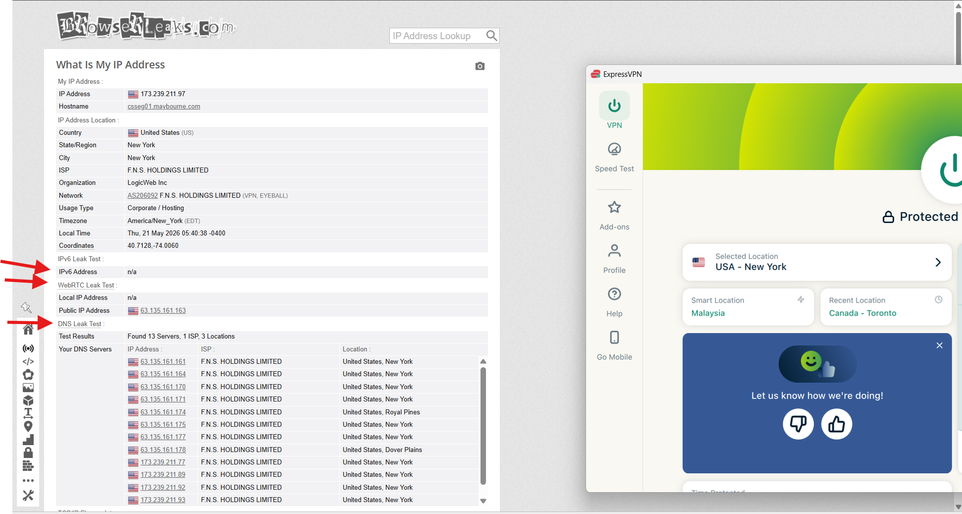 ExpressVPN on Windows, May 2026, showing BrowserLeaks IP test with New York server and no leaks detected.