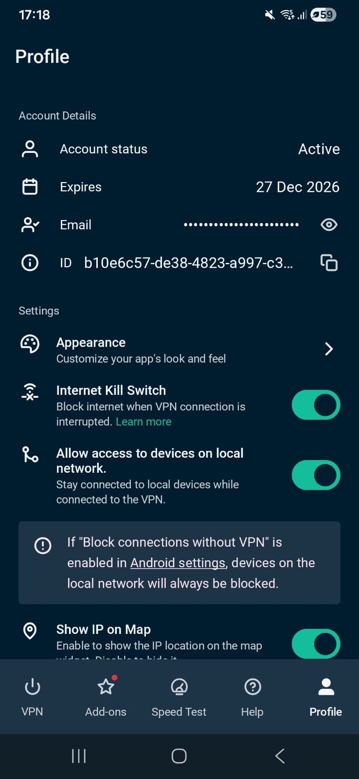 ExpressVPN on Android, May 2026, showing Kill Switch option 1 with toggle switches in settings.