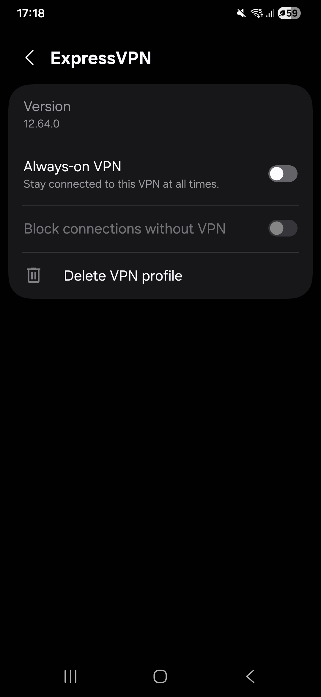 ExpressVPN on Android, May 2026, showing Kill Switch option 2 in dark-themed settings screen.