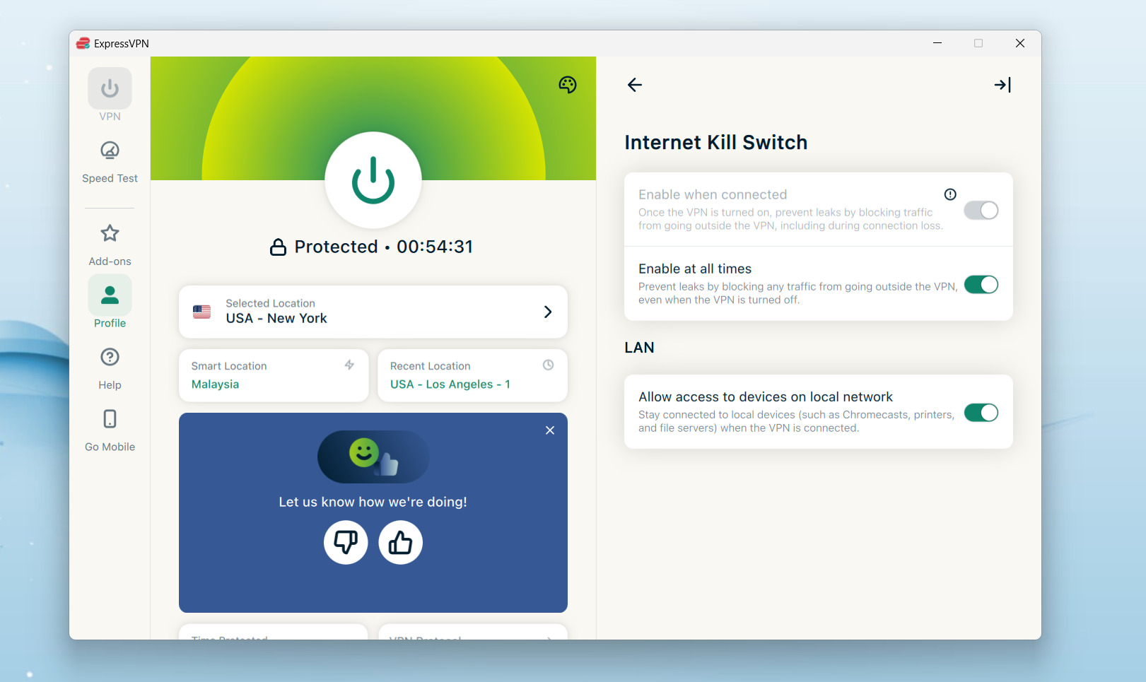 ExpressVPN on Windows, May 2026, showing Kill Switch options available in desktop app settings.