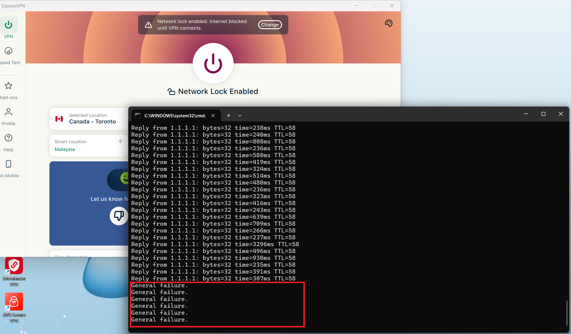 ExpressVPN on Windows, May 2026, showing ping test stopping immediately after VPN disconnected manually.