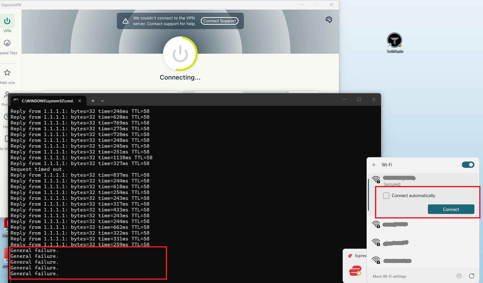 ExpressVPN on Windows, May 2026, showing ping test stopping immediately after Wi-Fi disabled.