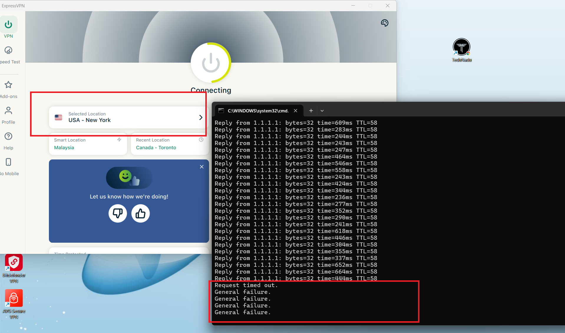 ExpressVPN on Windows, May 2026, showing ping test stopping immediately during server switch.