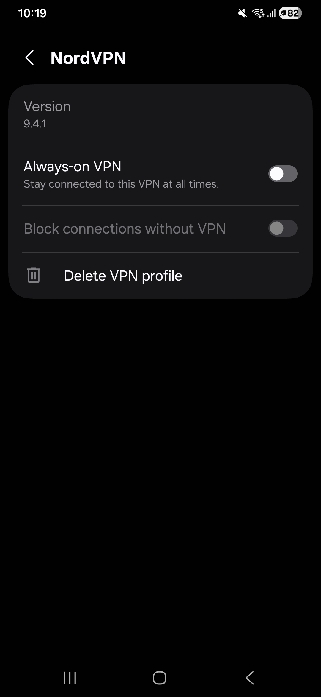 NordVPN on Android, May 2026, showing Kill Switch options available in mobile app settings.