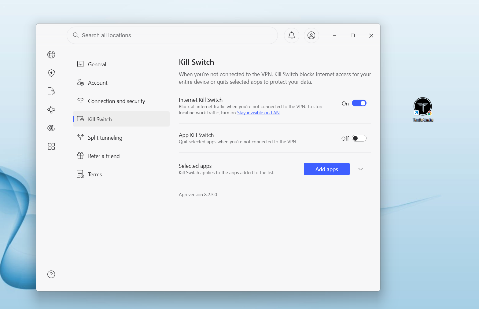 NordVPN on Windows, May 2026, showing Kill Switch options available in desktop app settings.