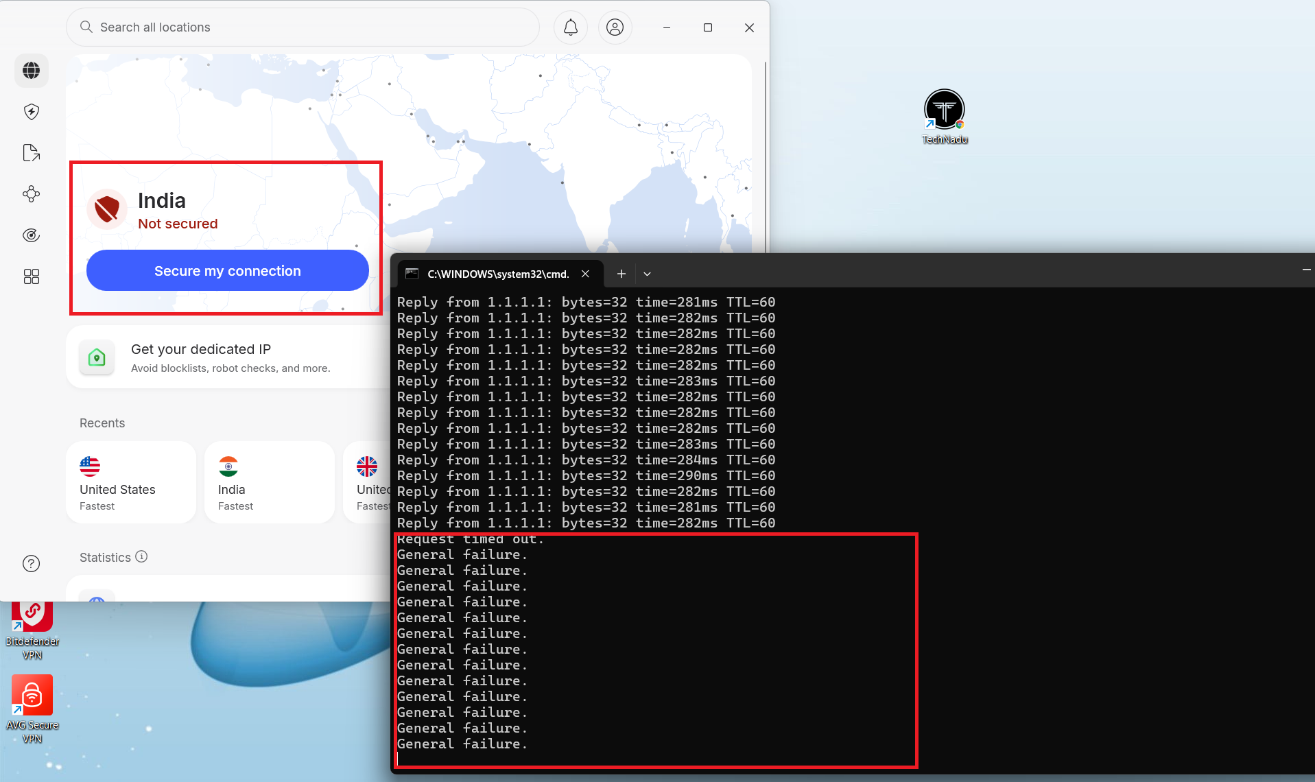 NordVPN on Windows, May 2026, showing ping test stopping immediately after VPN disconnected manually.