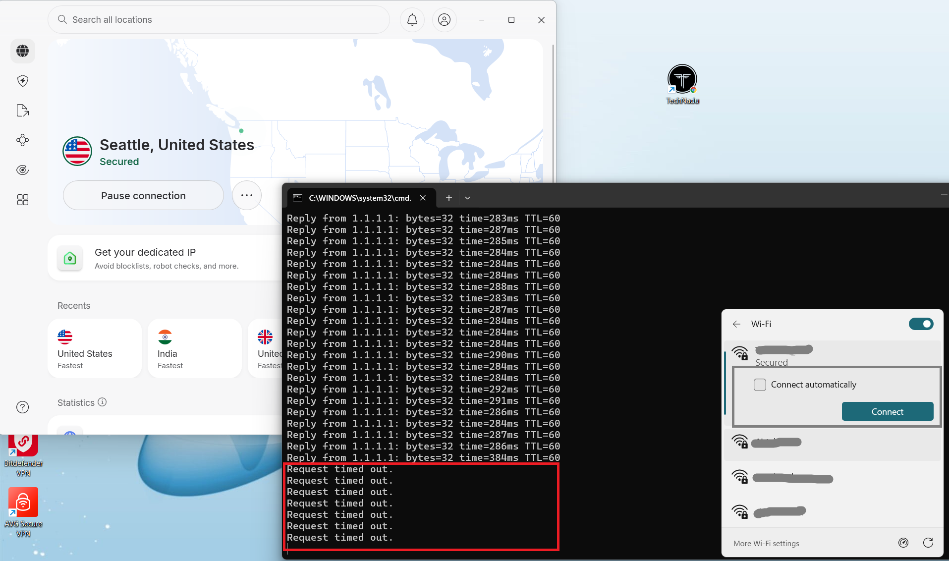 NordVPN on Windows, May 2026, showing ping test stopping immediately after Wi-Fi disabled.