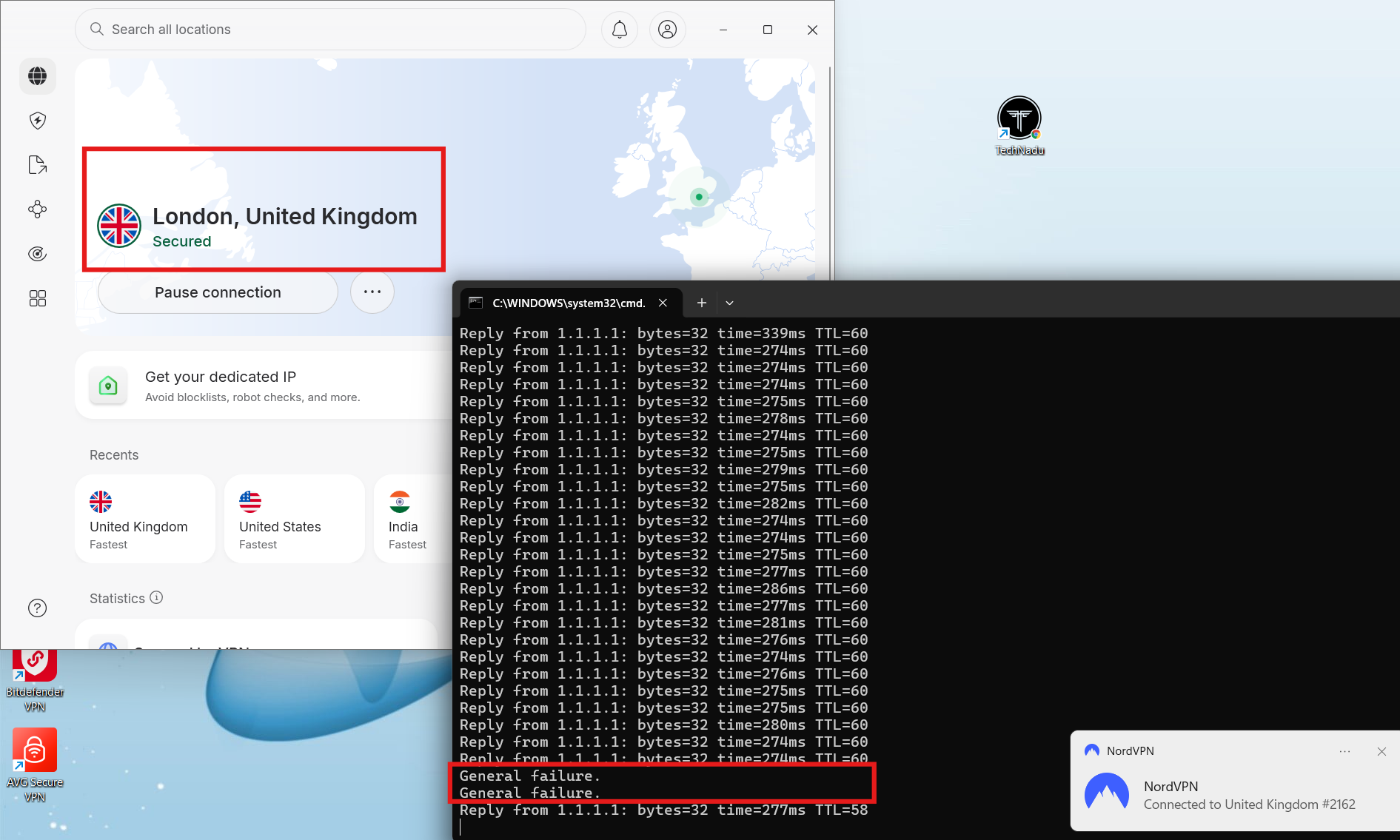 NordVPN on Windows, May 2026, showing ping test stopping immediately during server switch.