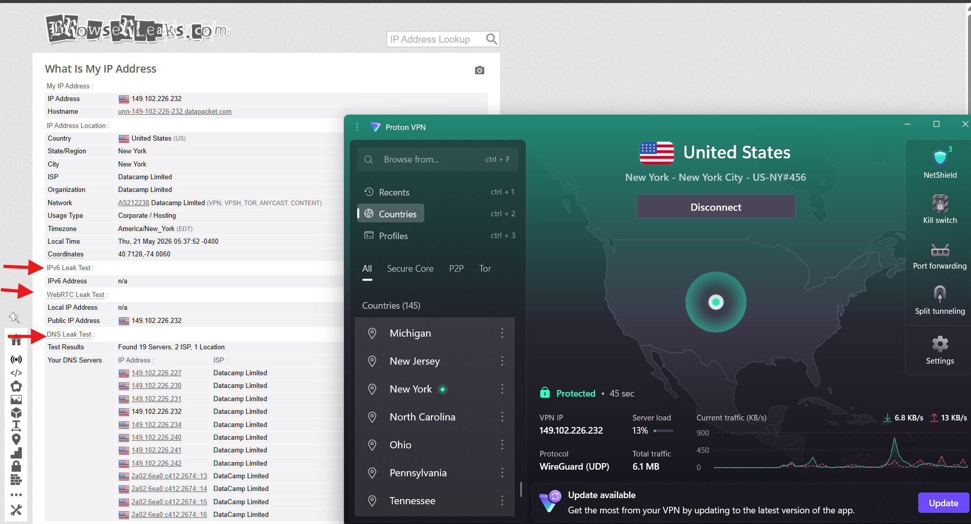 ProtonVPN on Windows, May 2026, showing BrowserLeaks IP test with New York server and no leaks detected.