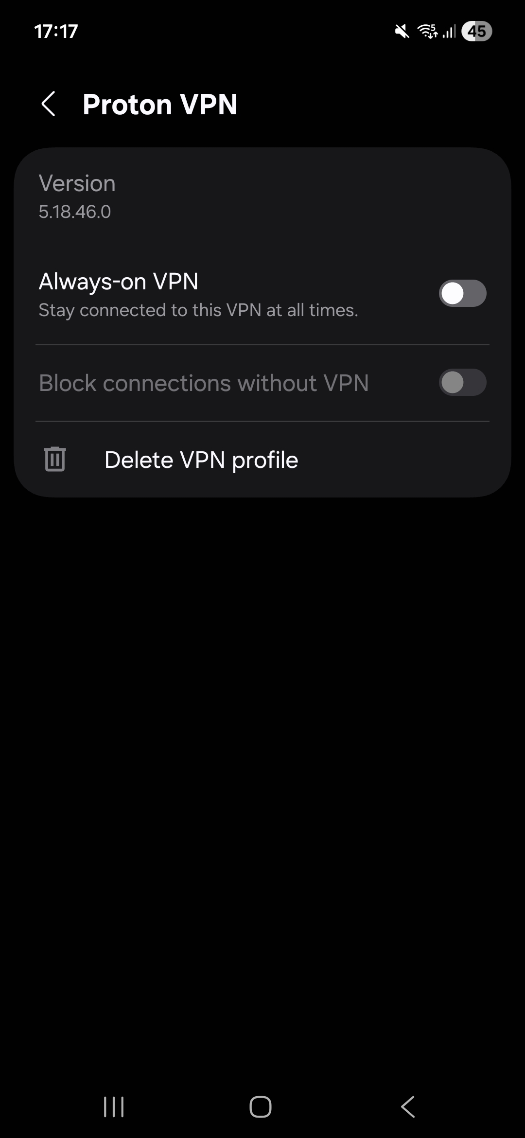 Proton VPN on Android, May 2026, showing Kill Switch options available in settings.
