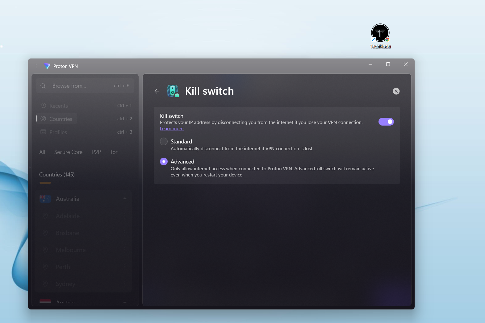 Proton VPN on Windows, May 2026, showing Kill Switch options available in settings.